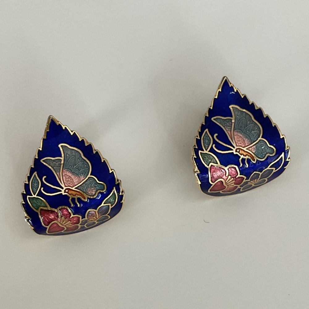 Elegant Art Deco Blue and Gold Butterfly Cloisonné Earrings